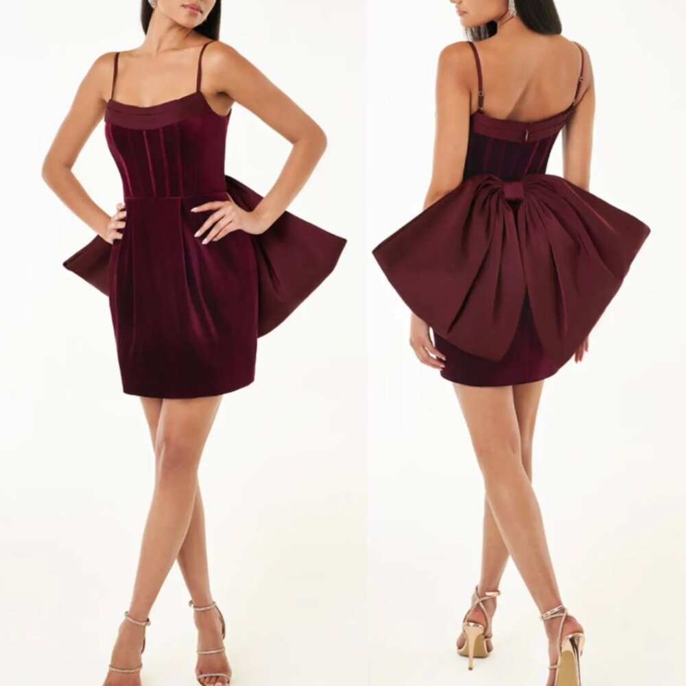 Azazie Atelier Mini Holiday Dress Womens 6 Wine Red Big Bow Back Velvet Cocktail